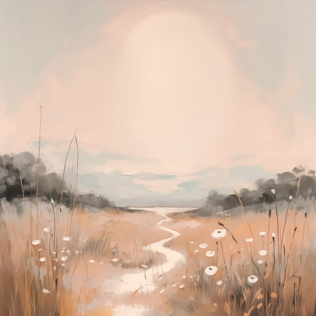 Painting of a river running through a field Painting of a river running through a field