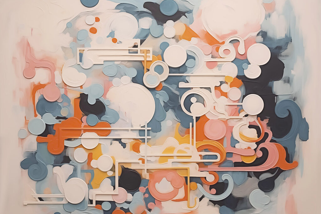 Colorful art piece with white lines and circles Colorful art piece with white lines and circles