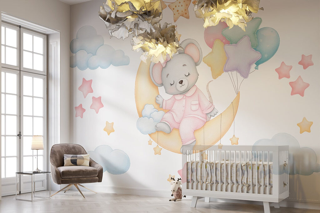 Mouse sitting on the moon with balloons