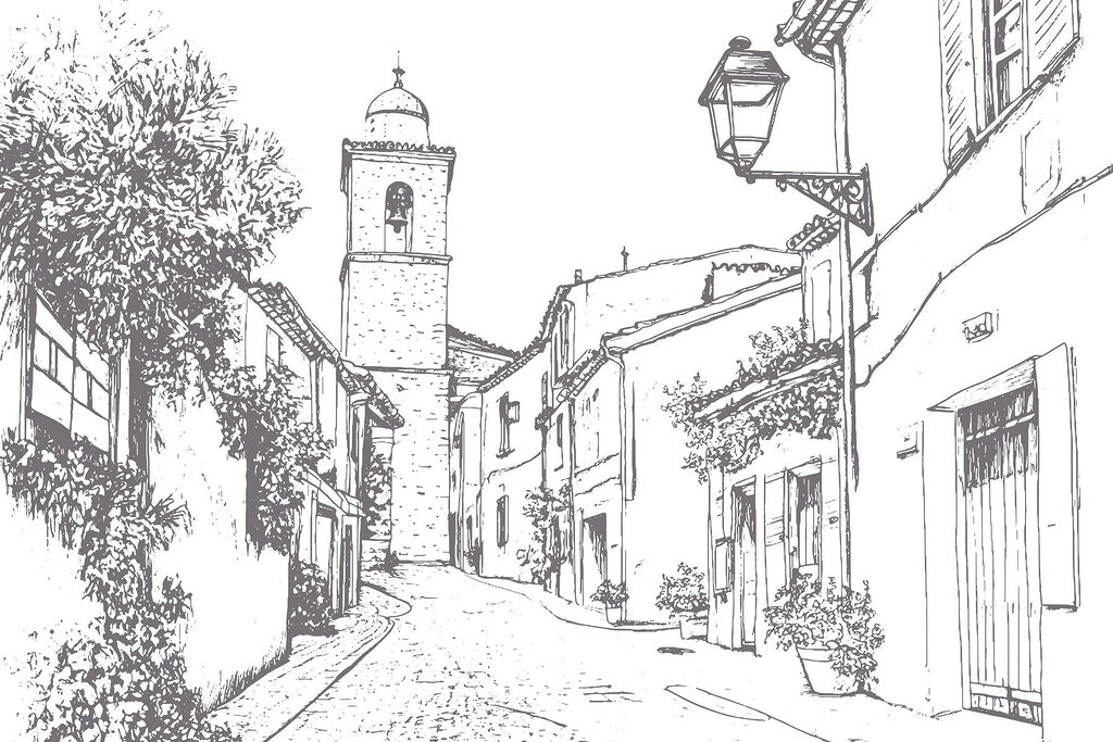 Drawing of a street with buildings and a bell tower Drawing of a street with buildings and a bell tower