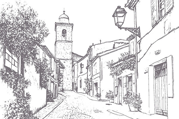 Drawing of a street with buildings and a bell tower Drawing of a street with buildings and a bell tower
