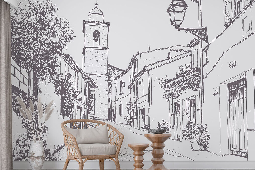 Drawing of a street with buildings and a bell tower Drawing of a street with buildings and a bell tower