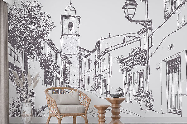 Drawing of a street with buildings and a bell tower Drawing of a street with buildings and a bell tower