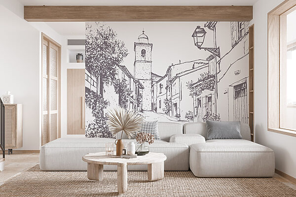 Drawing of a street with buildings and a bell tower Drawing of a street with buildings and a bell tower