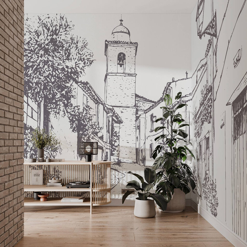 Drawing of a street with buildings and a bell tower Drawing of a street with buildings and a bell tower