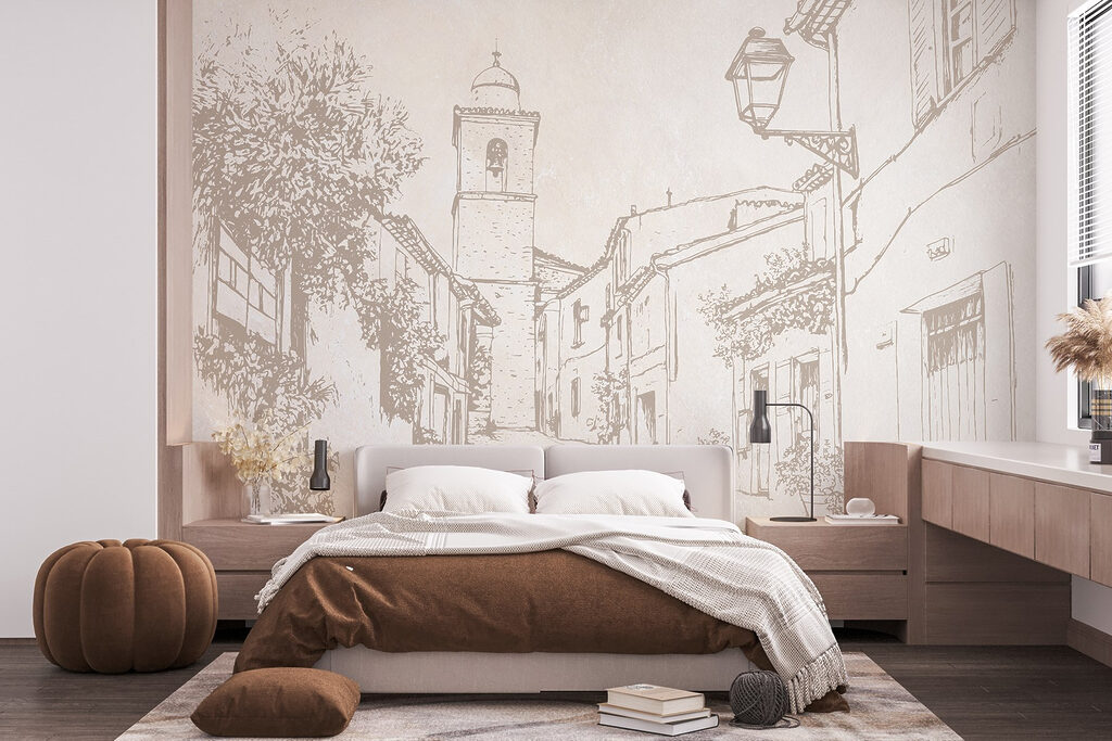 Drawing of a street with a bell tower