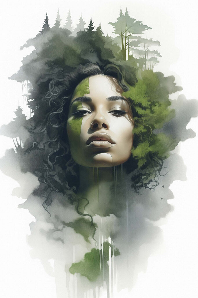 Woman with green leaves on her face Woman with green leaves on her face