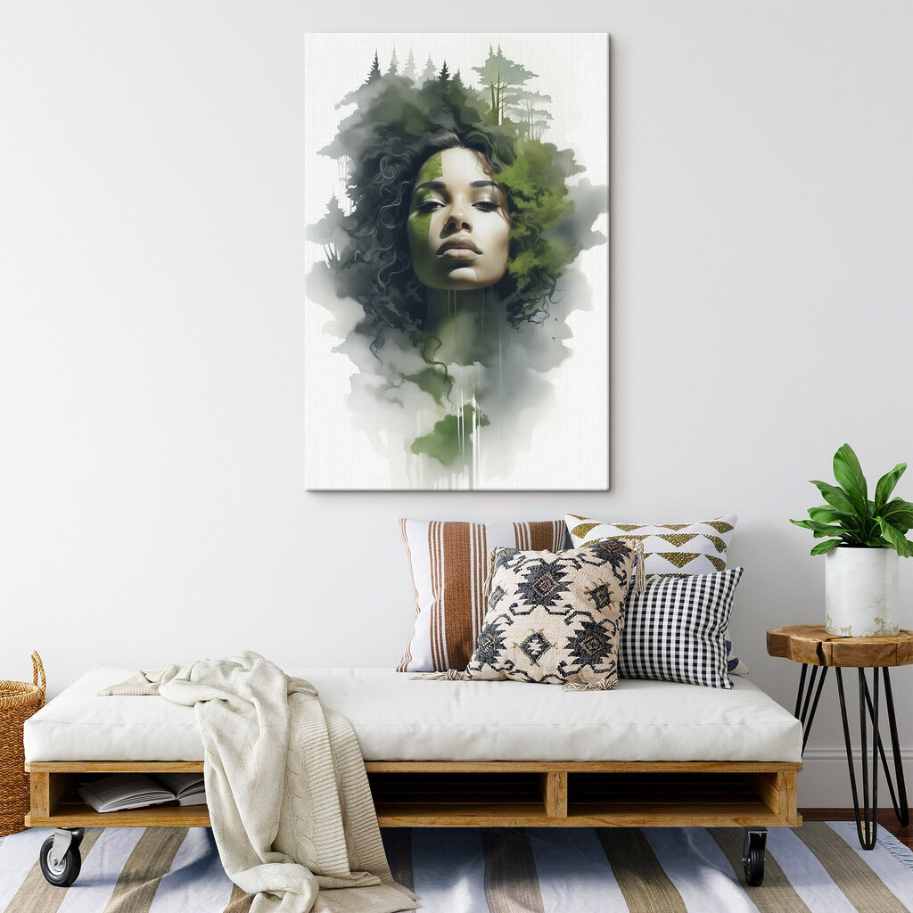 Woman with green leaves on her face Woman with green leaves on her face