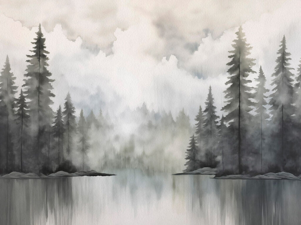 Pictură în acuarelă a unei păduri și a unui lac Pictură în acuarelă a unei păduri și a unui lac
