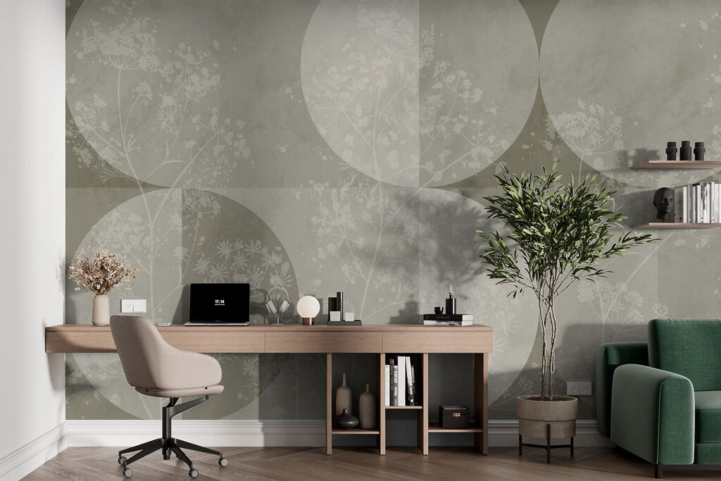 Grey and white background with circles and flowers Grey and white background with circles and flowers