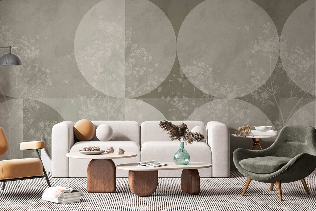Grey and white background with circles and flowers Grey and white background with circles and flowers
