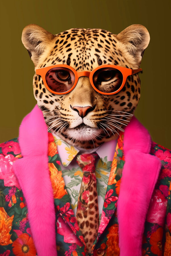 Leopard purtând costum și ochelari de soare Leopard purtând costum și ochelari de soare