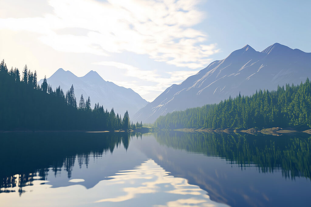 Lake with trees and mountains in the background Lake with trees and mountains in the background
