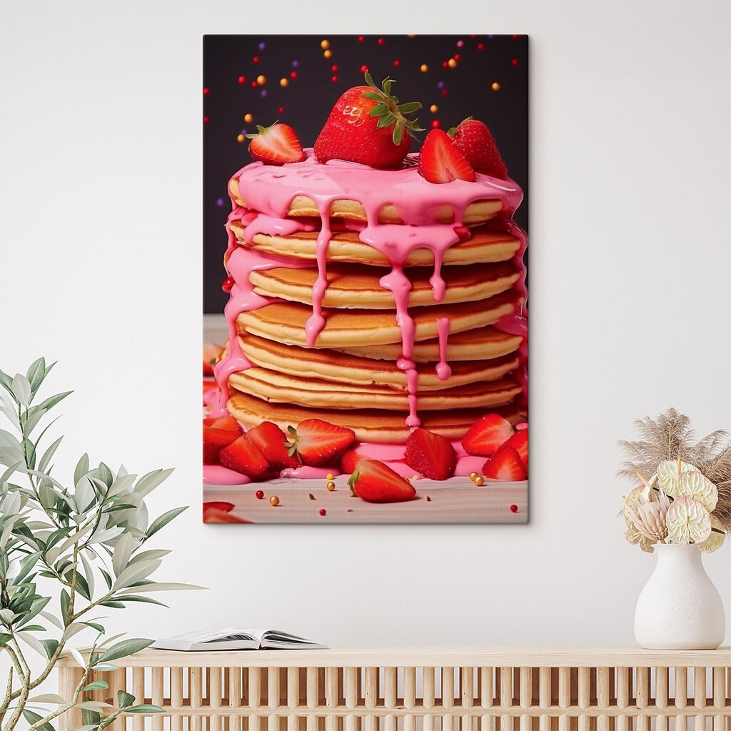 Stack of pancakes with pink frosting and strawberries