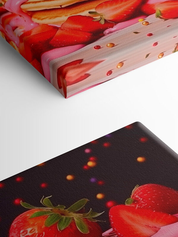 Stack of pancakes with pink frosting and strawberries