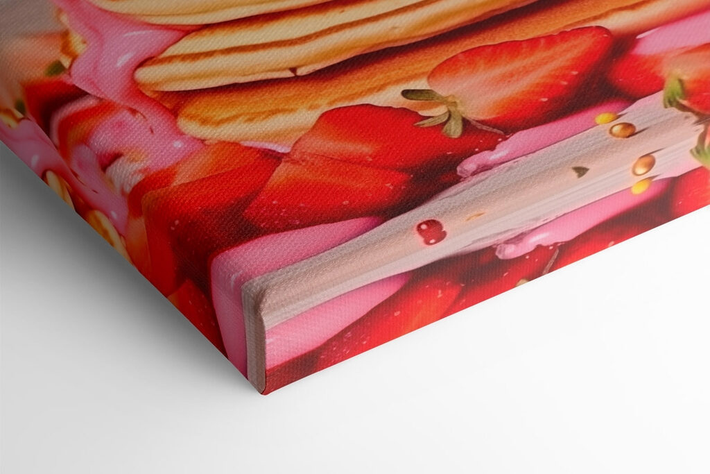 Stack of pancakes with pink frosting and strawberries