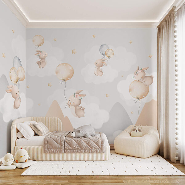 Group of bunnies flying with balloons in the sky