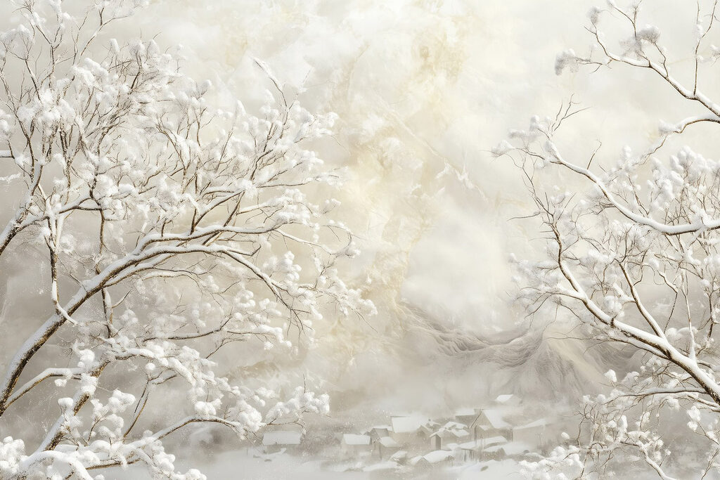 Snow covered trees in a snowy landscape