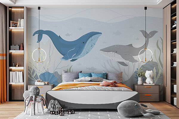 Whale and whale swimming in the ocean