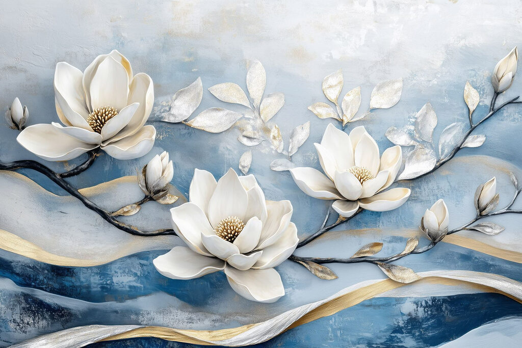 White flowers on a blue background