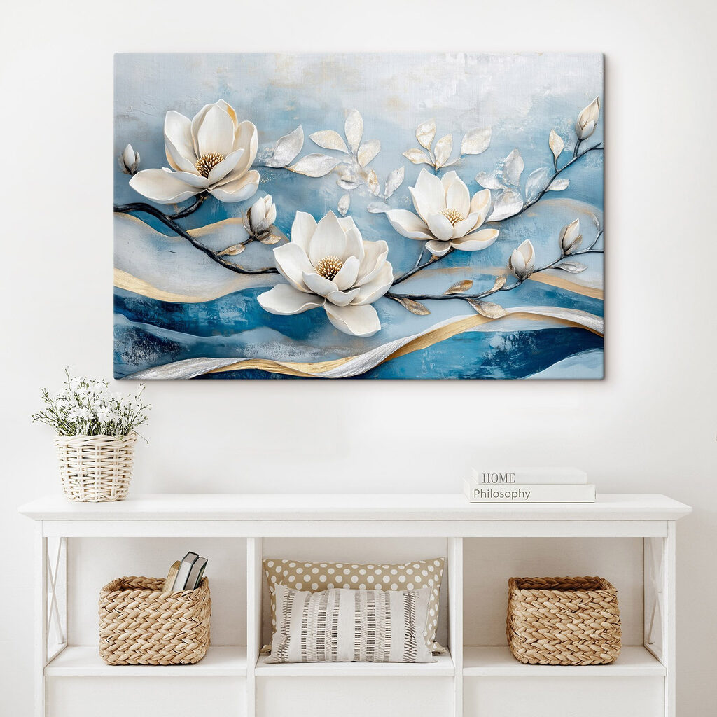 White flowers on a blue background