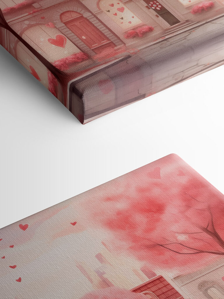 Pink trees with hearts falling from the sky