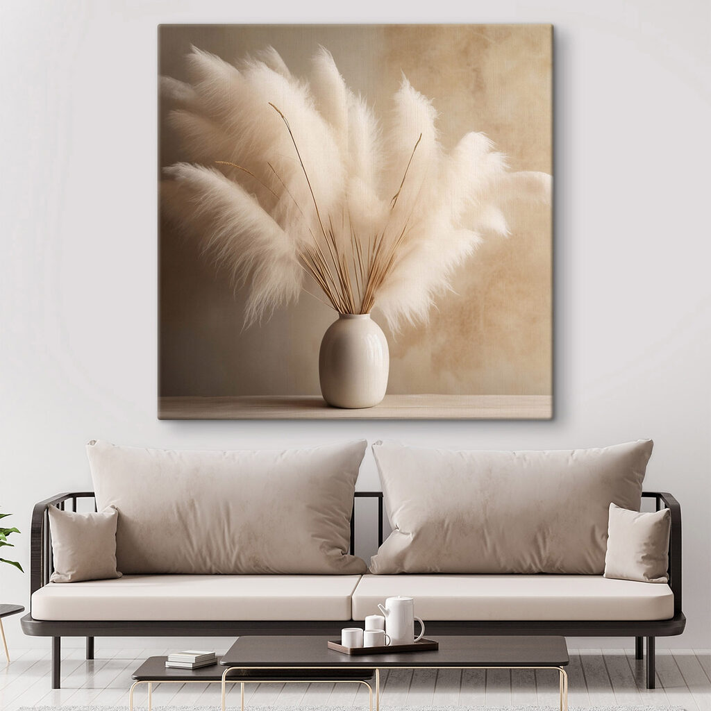 White vase with fluffy flowers White vase with fluffy flowers