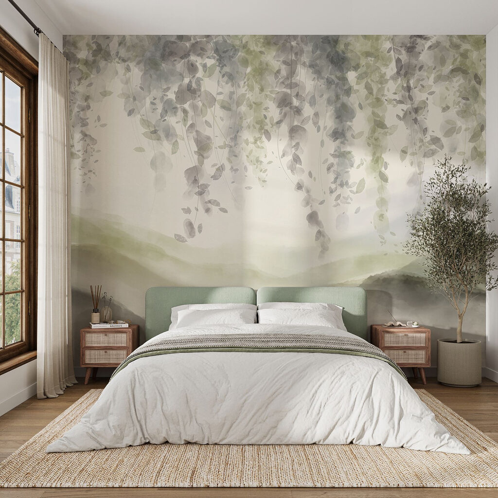 Painting of a landscape with leaves from the ceiling Painting of a landscape with leaves from the ceiling