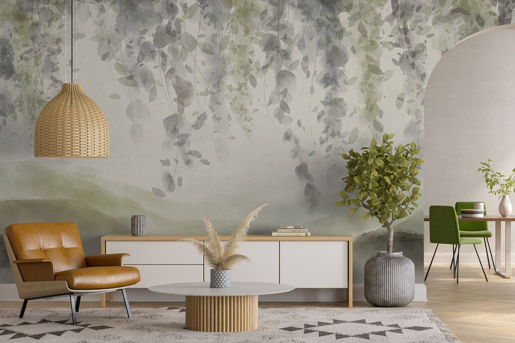 Painting of a landscape with leaves from the ceiling Painting of a landscape with leaves from the ceiling