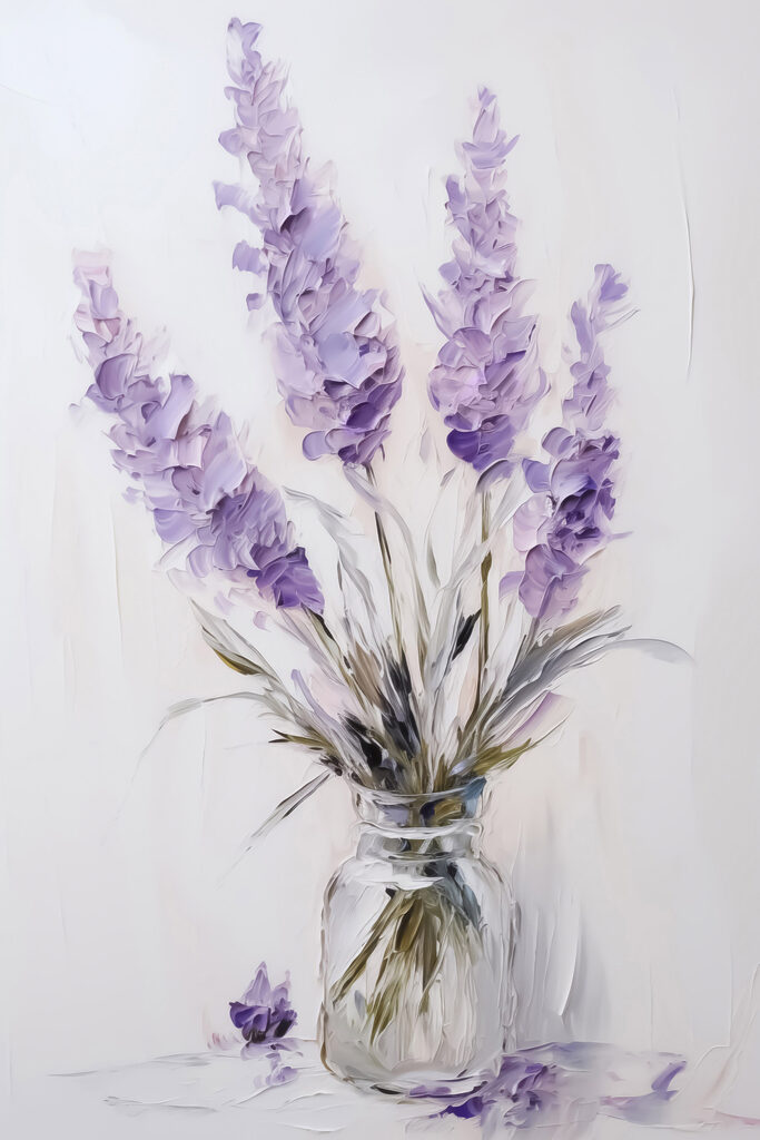 Painting of purple flowers in a glass vase