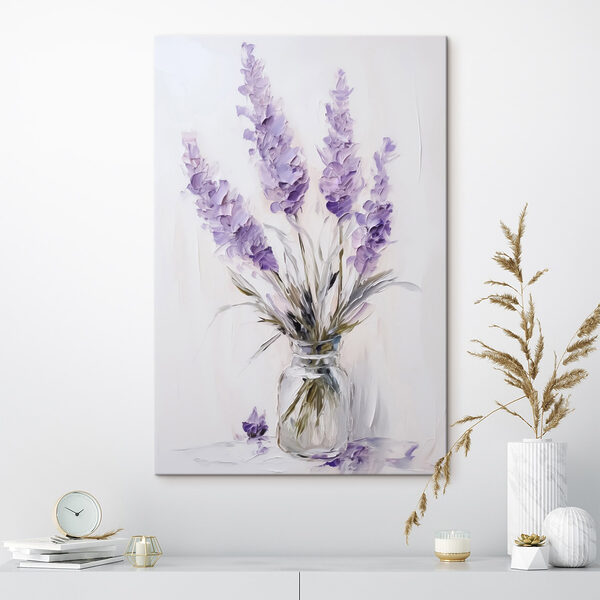Pictura de flori violet într-o vază de sticlă Pictura de flori violet într-o vază de sticlă
