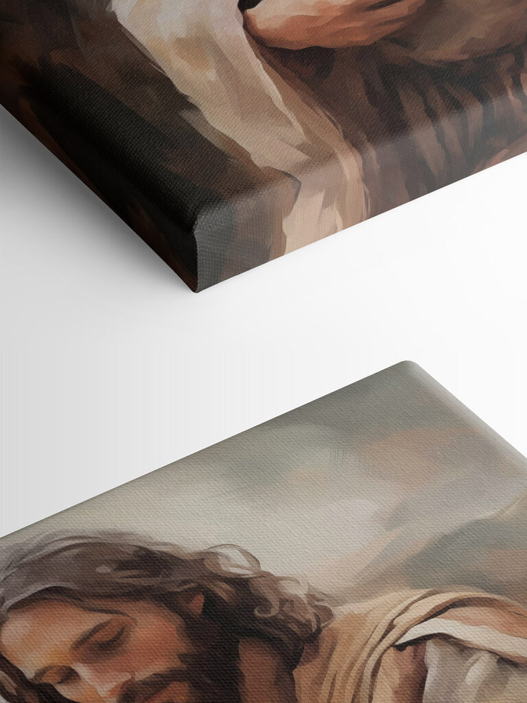 Painting of a man holding a lamb