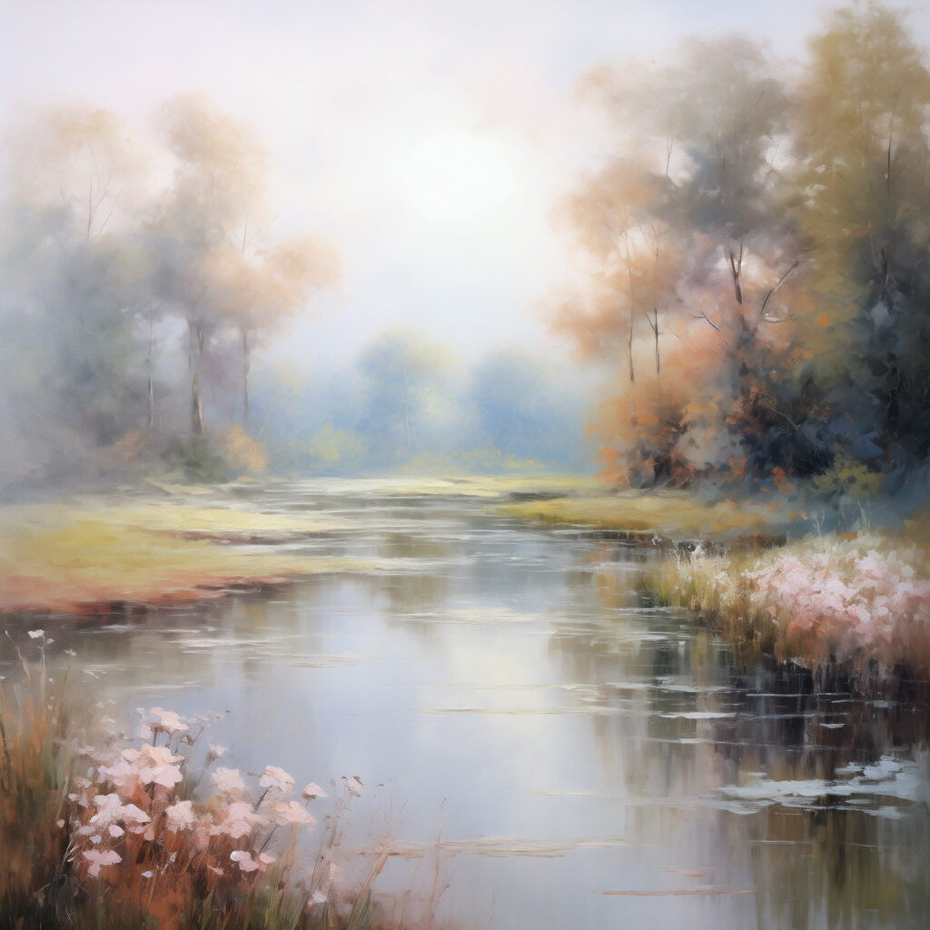 Painting of a river with trees and grass