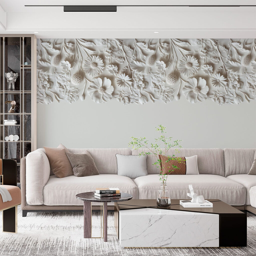 White floral design on a wall White floral design on a wall