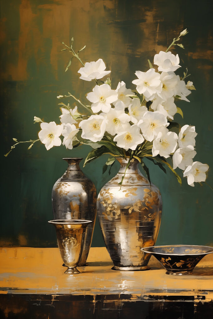 Vase with white flowers and a bowl