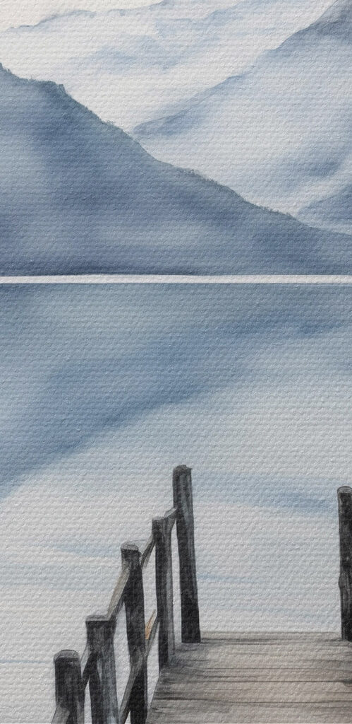 Watercolor of a dock on a lake with mountains in the background