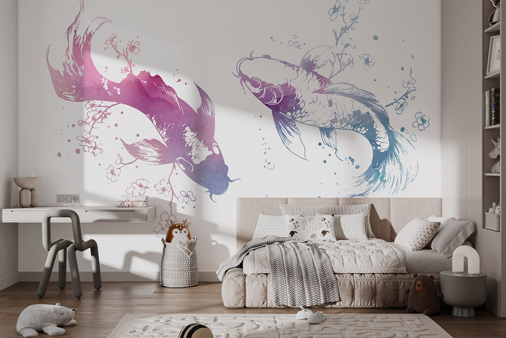 Two fish with watercolor splashes