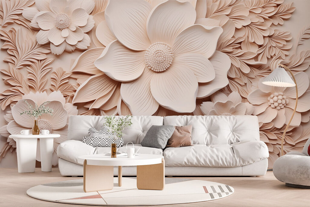 White flowers and leaves on a wall