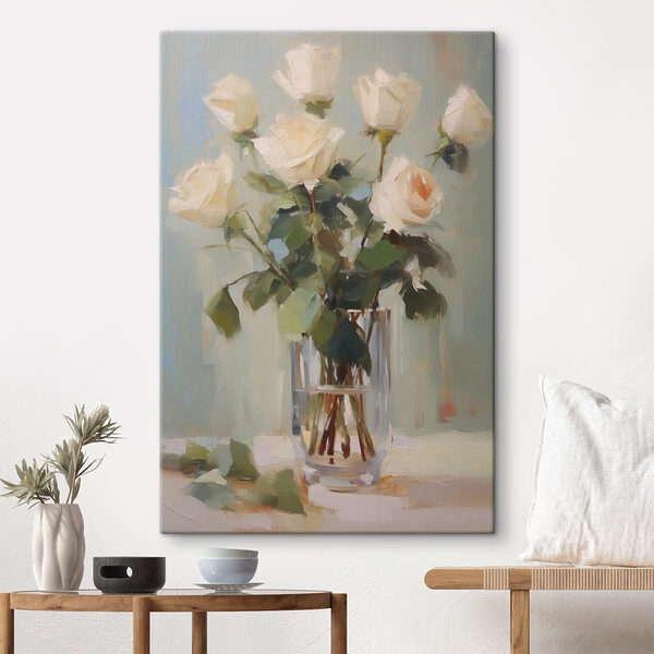 Tablouri Pictura unui vas de trandafiri albi (SKU: s43432) Tablouri Tablouri Pictura unui vas de trandafiri albi (SKU: s43432)