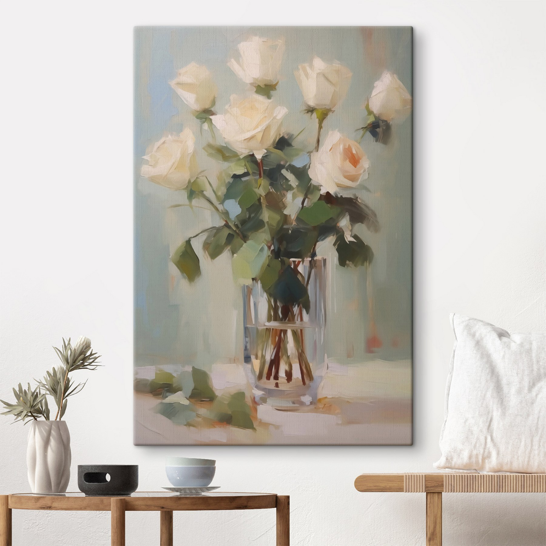 Painting of a vase of white roses