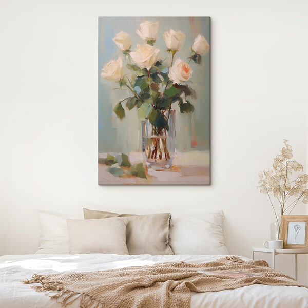 Painting of a vase of white roses