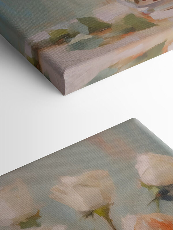 Painting of a vase of white roses