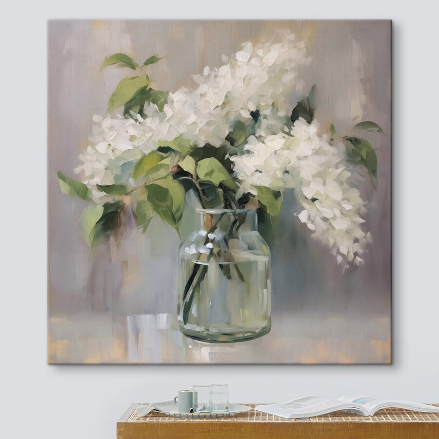 Pictură a unui buchet de flori albe într-un borcan de sticlă