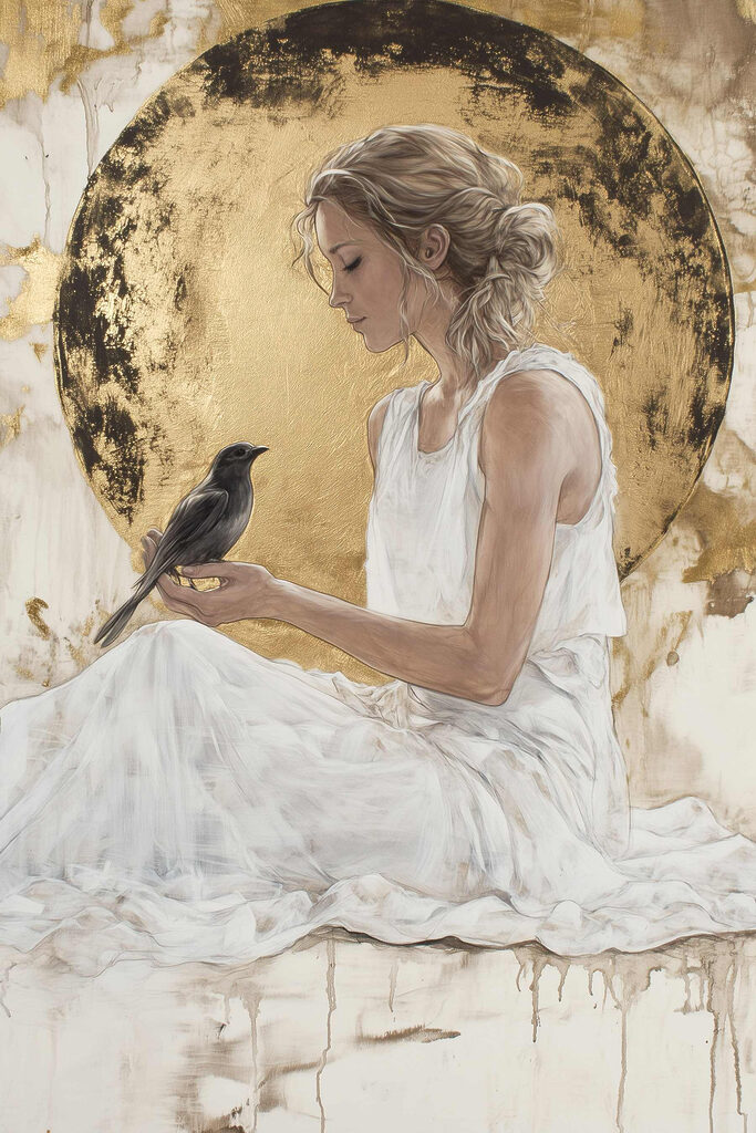 Woman in a white dress holding a bird