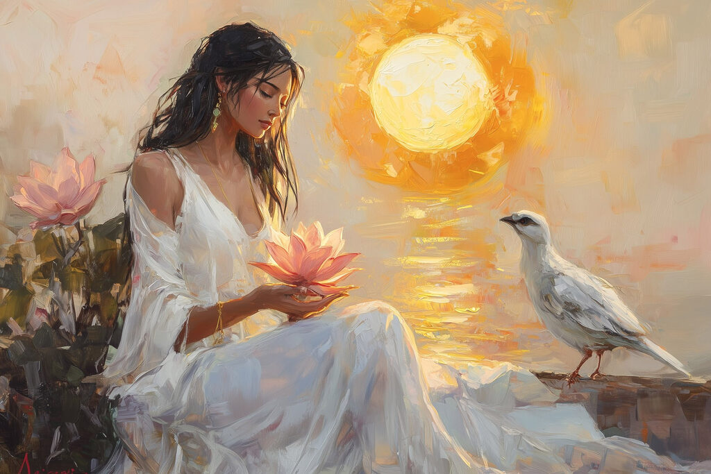 Painting of a woman holding a flower and a bird