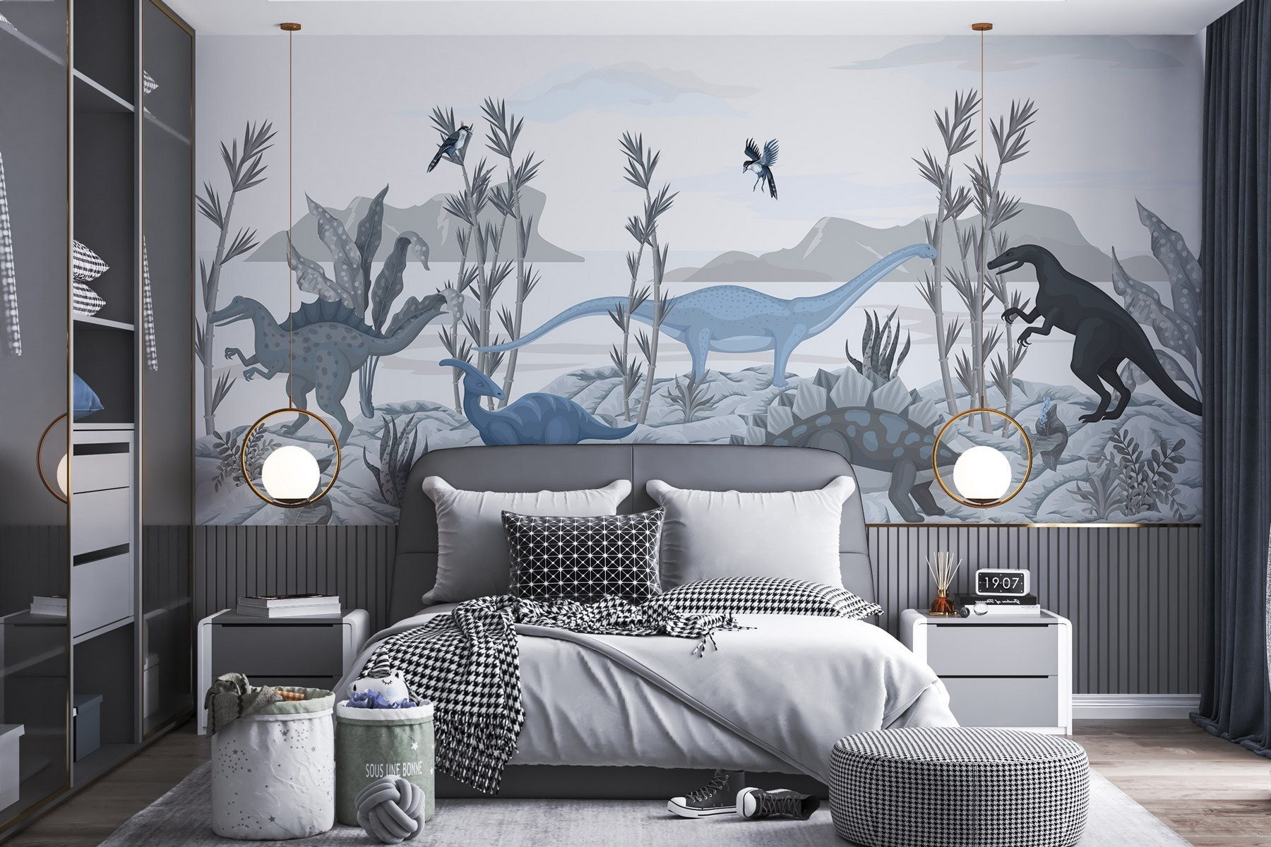 Group of dinosaurs in a landscape