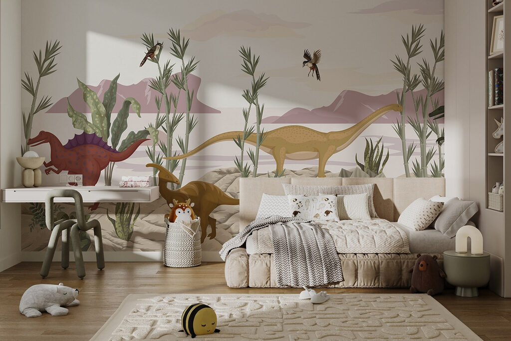 Group of dinosaurs in a desert