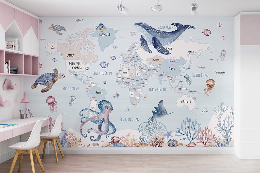 Map of the world with sea animals