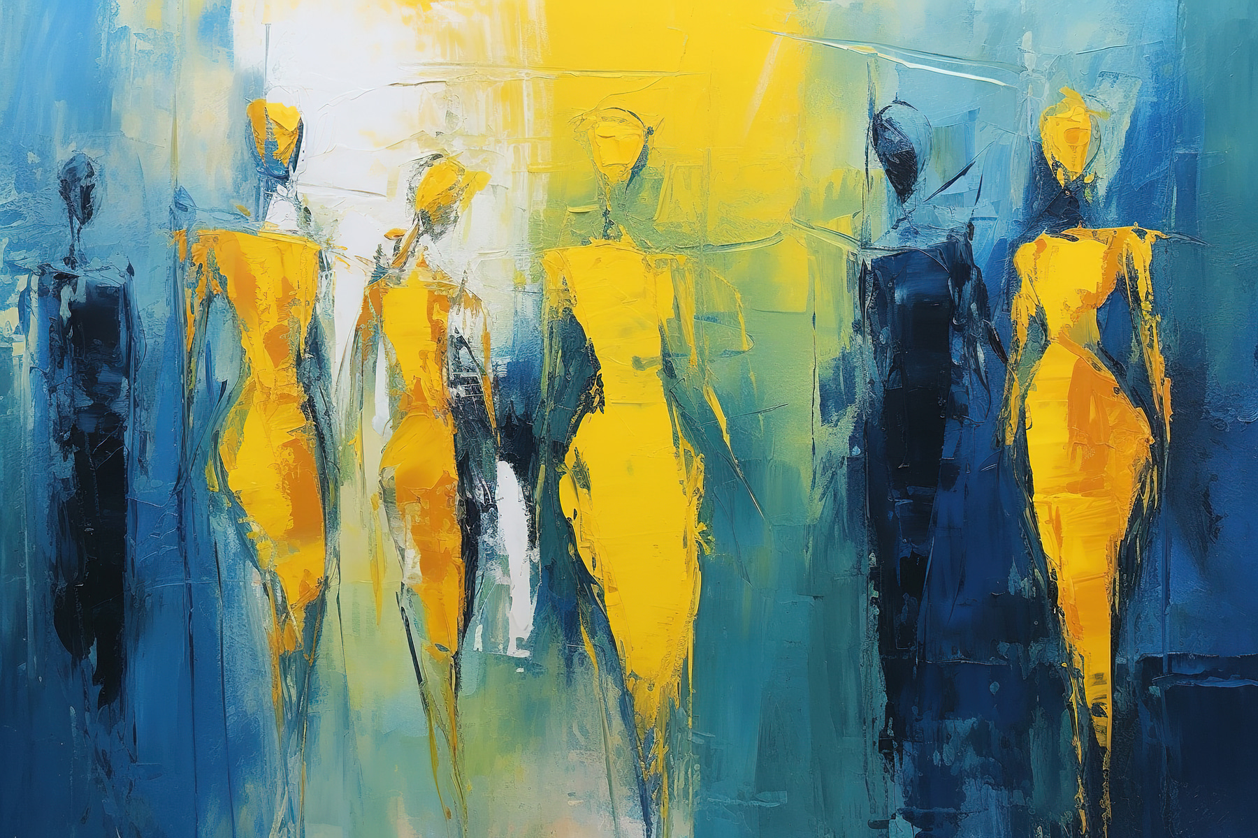 Painting of people in yellow and blue