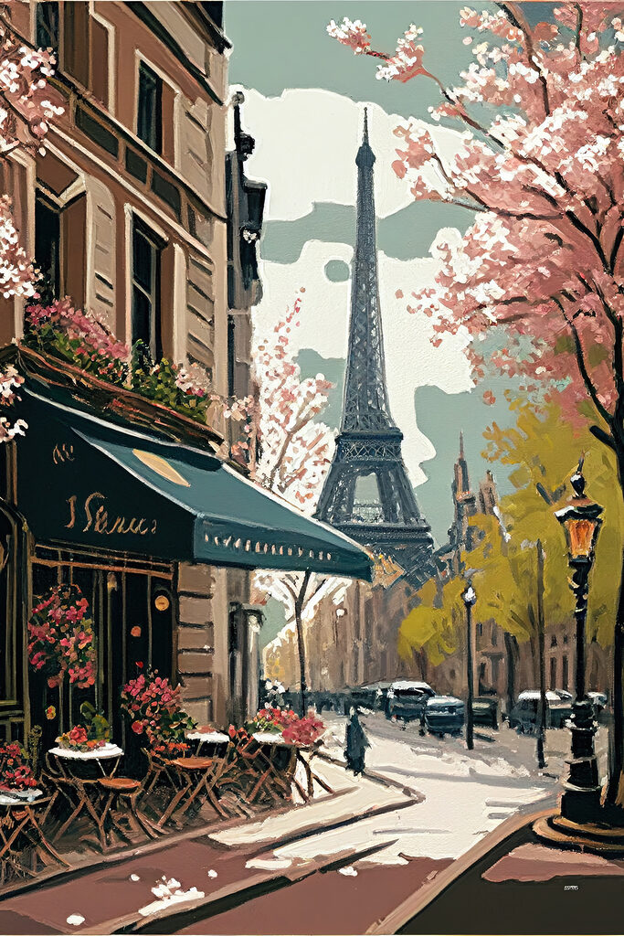 Painting of a street with a tower in the background Painting of a street with a tower in the background